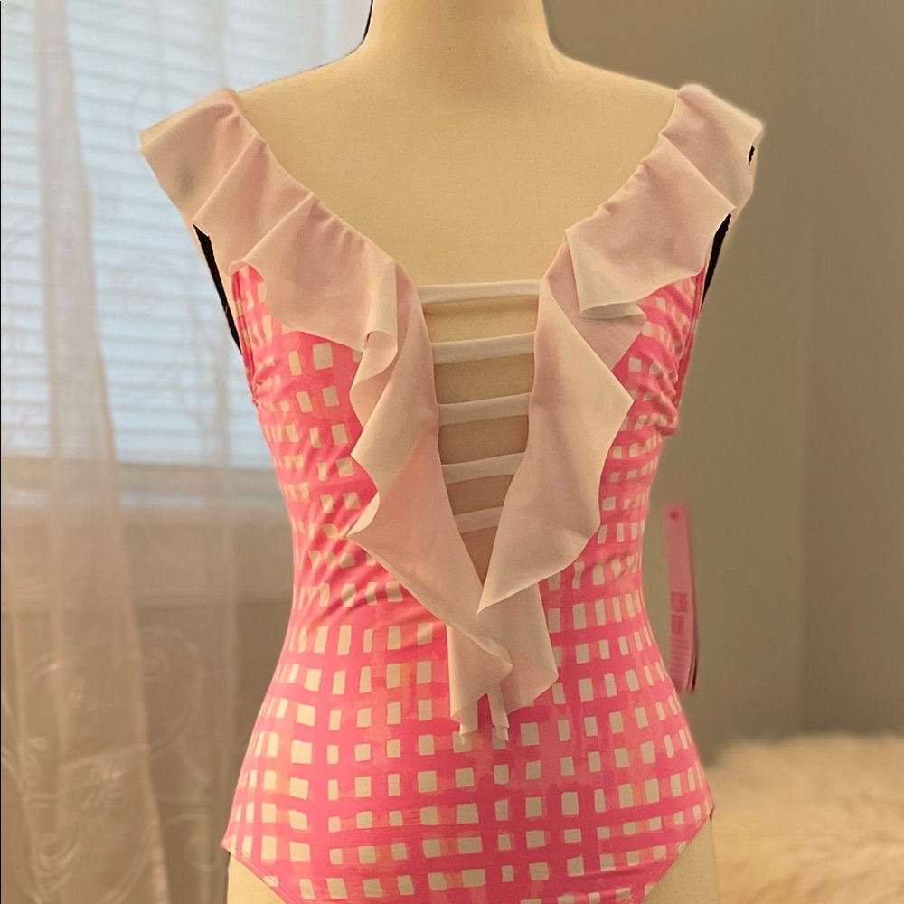 Lilly Pulitzer Pink Resort Feelin Beachy one piece suit.